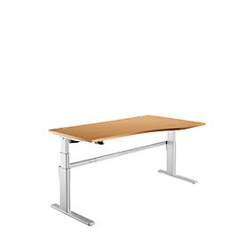 Comfortabel bureau, elektrisch in hoogte verstelbaar, vrije vorm, bevestiging rechts, C-voet, B 1800 x D 1000/800 x H 655-1305 mm, beuken/blank aluminium