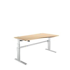 Comfortabel bureau, elektrisch in hoogte verstelbaar, vrije vorm, bevestiging rechts, C-voet, B 1800 x D 1000/800 x H 655-1305 mm, ahorn/blank aluminium