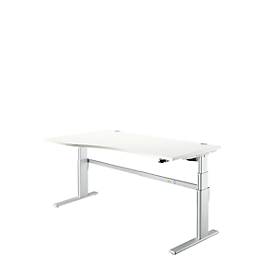 Comfortabel bureau, elektrisch in hoogte verstelbaar, vrije vorm, bevestiging links, C-poot, B 1800 x D 1000,00/800 x H 655-1305 mm, wit/blank aluminium RAL 9006