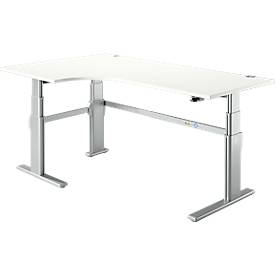 Hoekig bureau 90° comfort, verlenging links, 2-traps elektrisch in hoogte verstelbaar, B 2000 mm, wit/wit aluminium, met een hoek van 90°.