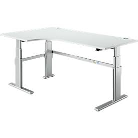 Hoekig bureau 90° comfort, verlenging links, 2-traps elektrisch in hoogte verstelbaar, B 2000 mm, lichtgrijstinten/wit aluminium