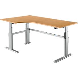 Hoekig bureau 90° comfort, verlenging links, 2-traps elektrische hoogteverstelling, B 2000 mm, beuken/wit aluminium