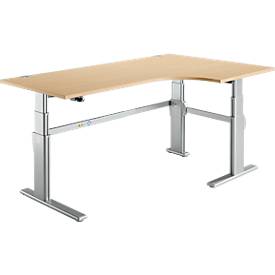 Hoekig bureau 90° comfort, rechtse verlenging, 2-traps elektrisch in hoogte verstelbaar, B 2000 mm, alu-esdoorn/witte alu.
