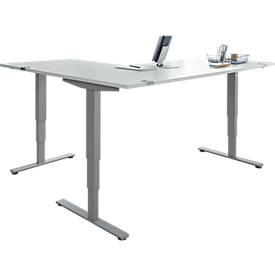 Schäfer Shop Genius AERO FLEX hoekbureau, elektrisch in hoogte verstelbaar, hoek 90°, T-voet, B 2000 x D 1600 mm, aluminium lichtgrijs/wit + memorypaneel