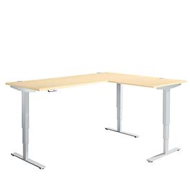 Schäfer Shop Genius AERO FLEX hoekbureau, elektrisch in hoogte verstelbaar, hoek 90°, T-poot, B 2000 x D 1600 mm, ahorn/blank aluminium + memorypaneel