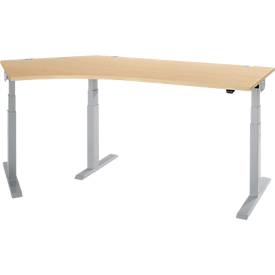 Schäfer Shop Select ERGO-T 2.0 hoekbureau, elektrisch in hoogte verstelbaar, 135° hoek links, T-voet, B 2000 mm, ahorn/wit aluminium