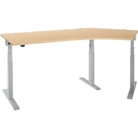 Schäfer Shop Select ERGO-T 2.0 hoekbureau, elektrisch in hoogte verstelbaar, 135° hoek rechts, T-voet, B 2000 mm, ahorn/wit aluminium