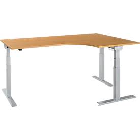 Schäfer Shop Select Hoekbureau ERGO-T 2.0 - elektrisch in hoogte verstelbaar - 90° hoek rechts - B 2000 x H 640-1300 mm - T voet blank alu - beuken decor - ons merk 