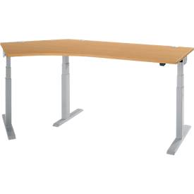 Schäfer Shop Select ERGO-T 2.0 hoekbureau, elektrisch in hoogte verstelbaar, 135° hoek links, T-voet, B 2000 mm, beuken/wit aluminium