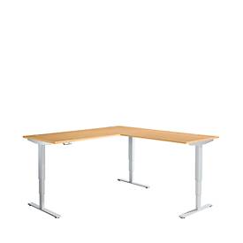 Schäfer Shop Genius AERO FLEX hoekbureau, elektrisch in hoogte verstelbaar, hoek 90°, T-voet, B 2000 x D 2000 mm, beuken/blank aluminium + memoryplaat