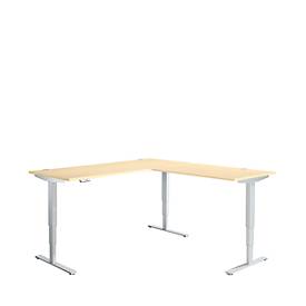 Schäfer Shop Genius AERO FLEX hoekbureau, elektrisch in hoogte verstelbaar, hoek 90°, T-poot, B 2000 x D 2000 mm, ahorn/blank aluminium + memorypaneel