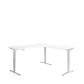 Schäfer Shop Genius AERO FLEX hoekbureau, elektrisch in hoogte verstelbaar, hoek 90°, T-voet, B 2000 x D 2000 mm, aluminium wit/wit + memorypaneel