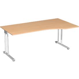 Bureautafel met aanbouw PALENQUE, C-poot, vrije vorm, handmatig in hoogte verstelbaar, aanbouw rechts, B 1800 x D 800/1000 x H 680-820 mm, beukenpatroon