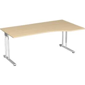 Bureautafel met aanbouw PALENQUE, C-poot, vrije vorm, handmatig in hoogte verstelbaar, aanbouw rechts, B 1800 x D 800/1000 x H 680-820 mm, esdoornpatroon