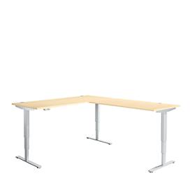 Schäfer Shop Genius AERO FLEX hoekbureau, elektrisch in hoogte verstelbaar, hoek 90°, T-poot, B 2000 x D 2400 mm, ahorn/blank aluminium + memorypaneel