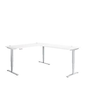 Schäfer Shop Genius AERO FLEX hoekbureau, elektrisch in hoogte verstelbaar, hoek 90°, T-voet, B 2000 x D 2400 mm, aluminium wit/wit + memorypaneel