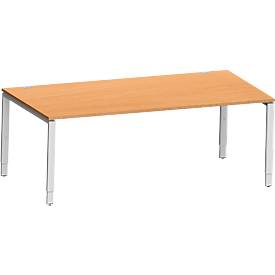 Schäfer Shop Genius bureau Modena Flex, rechthoekig, 4-poots buis, B 2000 x D 1000 x H 650-850 mm, beuken/wit aluminium