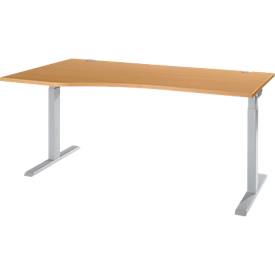 ERGO-T 2.0 bureautafel, vrije vorm, aanbouw links, T-voet, B 1800 x D 1000/800 x H 675-895 mm, beuken/wit aluminium