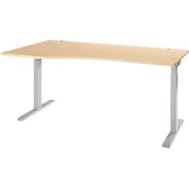 ERGO-T 2.0 tafel, vrije vorm, aanbouw links, T-voet, B 1800 x D 1000/800 x H 675-895 mm, ahorn/wit aluminium