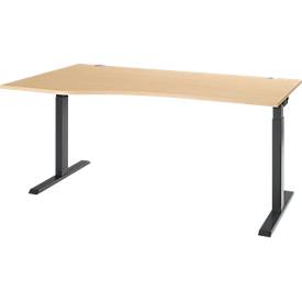 ERGO-T 2.0 tafel, vrije vorm, links aanbouw, T-voet, B 1800 x D 1000/800 x H 675-895 mm, ahorn/antraciet