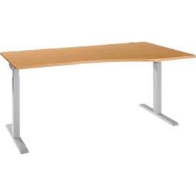 ERGO-T 2.0 bureautafel, vrije vorm, aanbouw rechts, T-voet, B 1800 x D 1000/800 x H 675-895 mm, beuken/wit aluminium