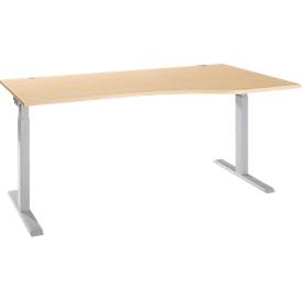 ERGO-T 2.0 tafel, vrije vorm, aanbouw rechts, T-voet, B 1800 x D 1000/800 x H 675-895 mm, ahorn/wit aluminium