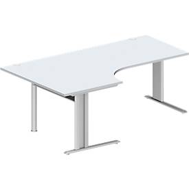 Schäfer Shop Pure hoekbureau PLANOVA BASIC, 90° hoek links, C-poot, B 2000 x D 1200/800 x H 717 mm, aluminium lichtgrijs/wit + kabelgoot