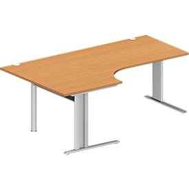 Schäfer Shop Pure hoekbureau PLANOVA BASIC, 90° hoek links, C-poot, B 2000 x D 1200/800 x H 717 mm, beuken/wit aluminium + kabelgoot