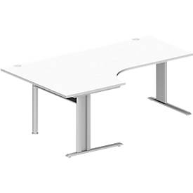 Schäfer Shop Pure hoekbureau PLANOVA BASIC, 90° hoek links, C-poot, B 2000 x D 1200/800 x H 717 mm, wit/wit aluminium + kabelgoot
