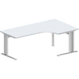 Schäfer Shop Pure hoektafel PLANOVA BASIC, 90° hoek rechts, C-voet, B 2000 x D 1200/800 x H 717 mm, lichtgrijs/wit aluminium + kabelgoot