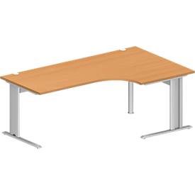 Schäfer Shop Pure hoekbureau PLANOVA BASIC, 90° hoek rechts, C-voet, B 2000 x D 1200/800 x H 717 mm, beuken/wit aluminium + kabelgoot
