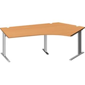 Schäfer Shop Pure hoekbureau PLANOVA BASIC, 135° hoek rechts, C-voet, B 2165 x D 800/800 x H 717 mm, beuken/wit aluminium + kabelgoot