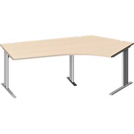 Schäfer Shop Pure hoekbureau PLANOVA BASIC, 135° hoek rechts, C-voet, B 2165 x D 800/800 x H 717 mm, ahorn/wit aluminium + kabelgoot