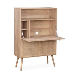 Sweeek  2-deurs schrijftafel met legplanken, hout- en rotan effect