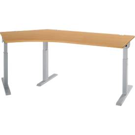 Schäfer Shop Select hoekbureau ERGO-T 2.0, 135° hoek, aanbouw links, T-voet, B 2165 x D 800 x H 675-895 mm, beuken/wit aluminium