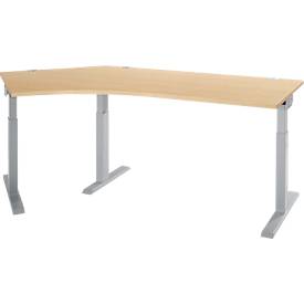 Schäfer Shop Select hoekbureau ERGO-T 2.0, 135° hoek, aanbouw links, T-voet, B 2165 x D 800 x H 675-895 mm, ahorn/wit aluminium