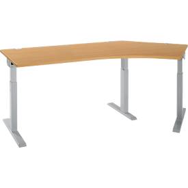Schäfer Shop Select hoekbureau ERGO-T 2.0, 135° hoek, aanbouw rechts, T-voet, B 2165 x D 800 x H 675-895 mm, beuken/wit aluminium