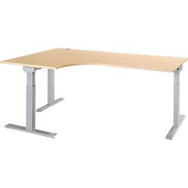 Schäfer Shop Select ERGO-T 2.0 hoekbureau, 90° hoek, aanbouw links, T-voet, B 2000 x D 1200/800 x H 675-895 mm, ahorn/wit aluminium