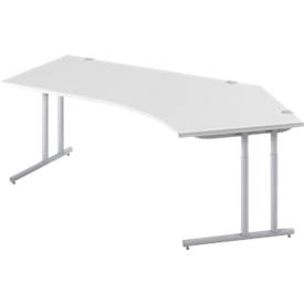 Schäfer Shop Select COMBITEC hoekbureau, 135° hoek rechts, C-poot, B 2165 x D 800/800 x H 677-817 mm, aluminium lichtgrijs/wit