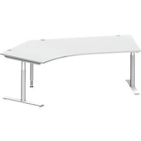 Schäfer Shop Genius hoekbureau MODENA FLEX 135°, T-poot ronde buis, B 2165 mm, bevestiging links, aluminium lichtgrijs/wit