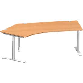 Schäfer Shop Genius hoekbureau MODENA FLEX 135°, T-poot ronde buis, B 2165 mm, bevestiging links, beuken/wit aluminium