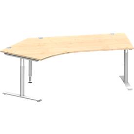 Schäfer Shop Genius hoekbureau MODENA FLEX 135°, T-poot ronde buis, B 2165 mm, bevestiging links, ahorn/wit aluminium