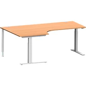Schäfer Shop Genius hoekbureau MODENA FLEX 90°, C-voet rechthoekige buis, B 2000 mm, bevestiging links, beuken/wit aluminium