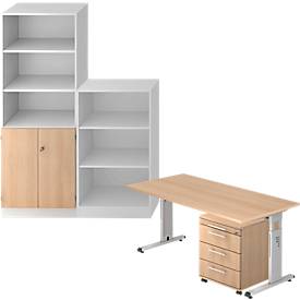 Complete set bureautafel/verrijdbaar ladeblok/kast met legborden/archiefrek ULM, wit/eiken