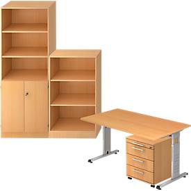 Complete set bureautafel/verrijdbaar ladeblok/kast met legborden/archiefrek ULM, beukenpatroon
