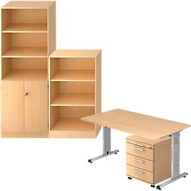 Complete set bureautafel/verrijdbaar ladeblok/kast met legborden/archiefrek ULM, esdoornpatroon