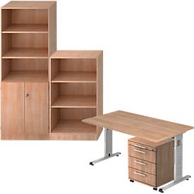 Complete set bureautafel/verrijdbaar ladeblok/kast met legborden/archiefrek ULM, notenhoutpatroon