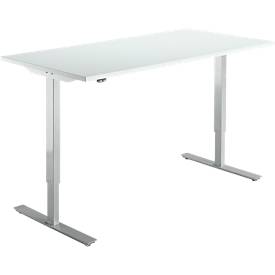 Start Off bureau, elektrisch in hoogte verstelbaar, rechthoekig, T-poot, B 1600 x D 800 x H 755-1255 mm, lichtgrijs/blank aluminium