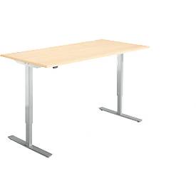 Start Off bureau, elektrisch in hoogte verstelbaar, rechthoekig, T-poot, B 1600 x D 800 x H 755-1255 mm, ahorn/blank aluminium