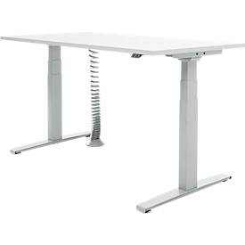Schäfer Shop Select bureau, elektrisch in hoogte verstelbaar, B 1600 x D 800 x H 645-1290 mm, T-voet, lichtgrijs/blank aluminium + spiraalkabel